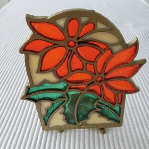 Poinsettia Stained Glass Candle Holder Christmas Tea Light Vintage Red Brass 6x5